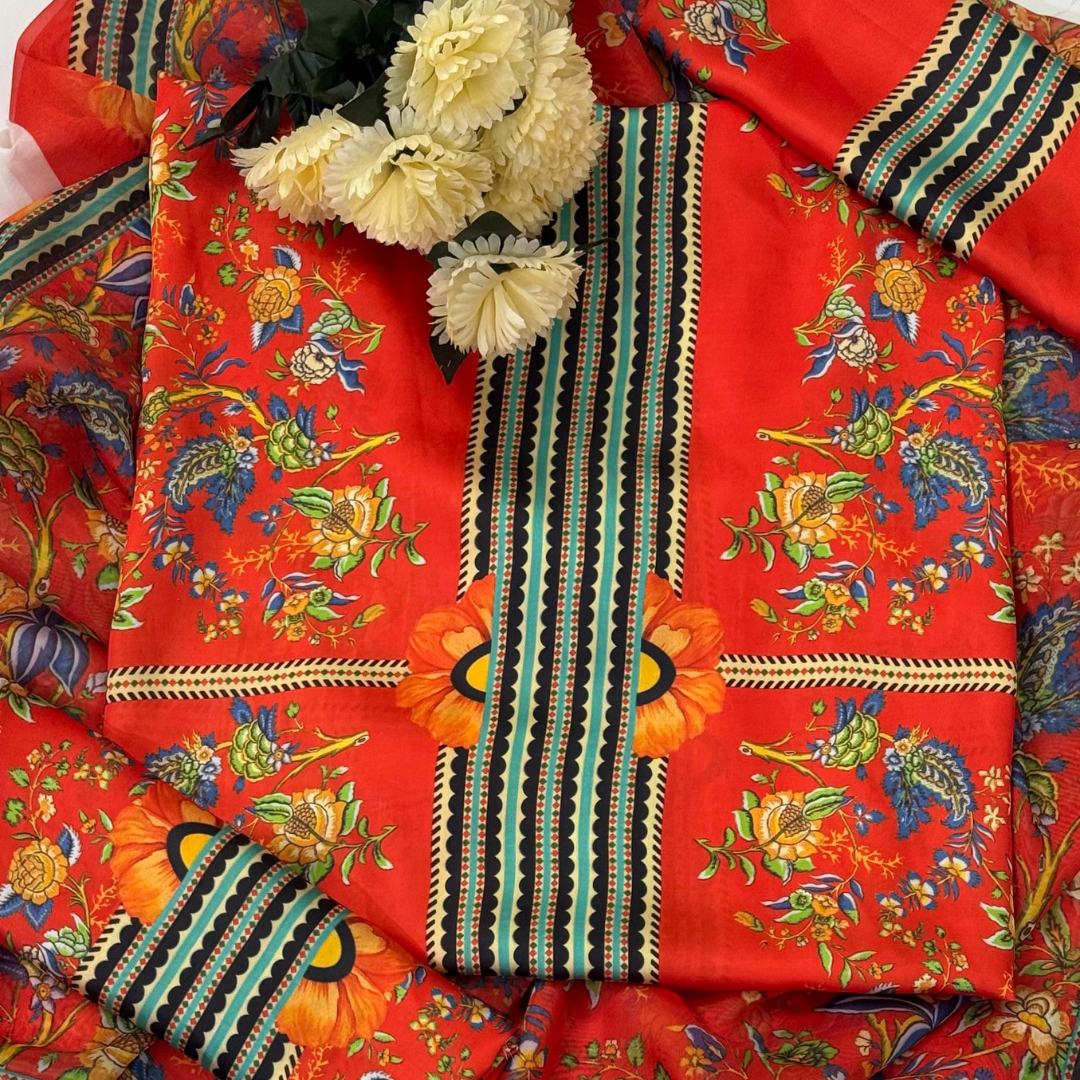 3-Piece Unstitched Digital Printed Suit (Red)