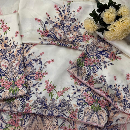 3-Piece Unstitched Digital Printed Suit (Milk White)
