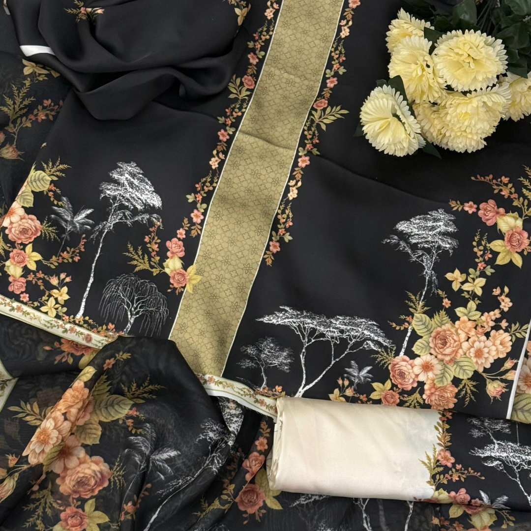 3-Piece Unstitched Digital Printed Suit (Black)