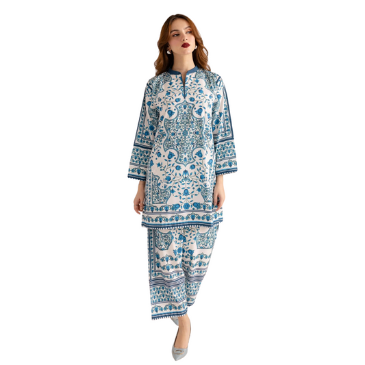 3-Piece Unstitched Digital Printed Suit (Blue & White)