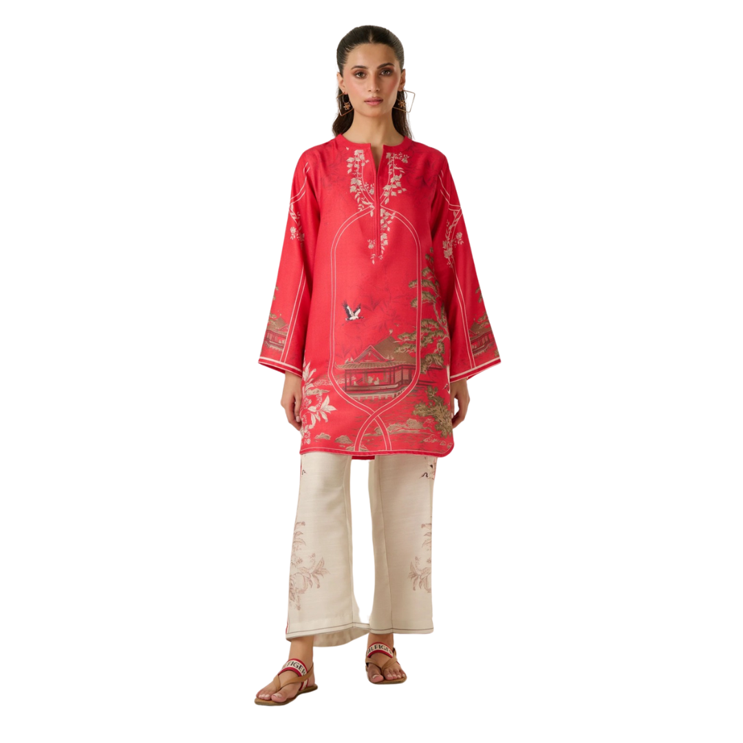 3-Piece Unstitched Digital Printed Suit (Coral Red)
