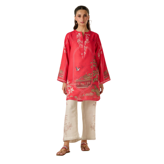 3-Piece Unstitched Digital Printed Suit (Coral Red)